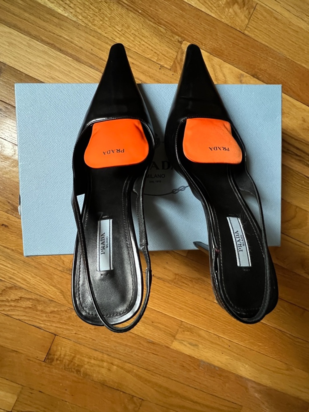 Prada Danem Women's Black Leather Slingback Pumps with Orange Accent. Sz. 40. - Picture 3 of 8